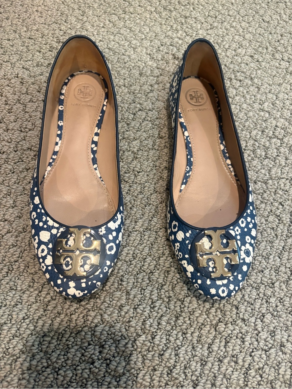 Tory Burch Navy Floral Gold-Logo Ballet Flats